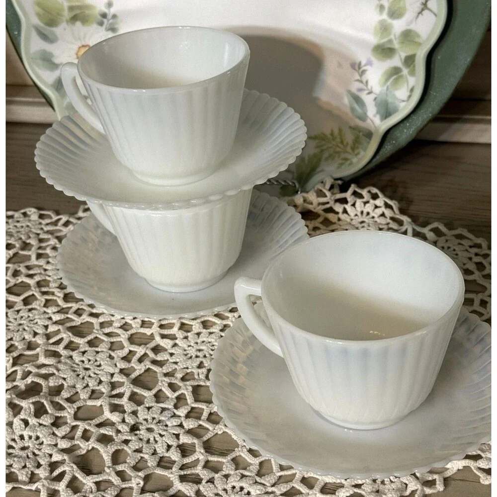 Milk Glass MacBeth Evans Tea Cups and Saucers Depressions Glass Opalescent